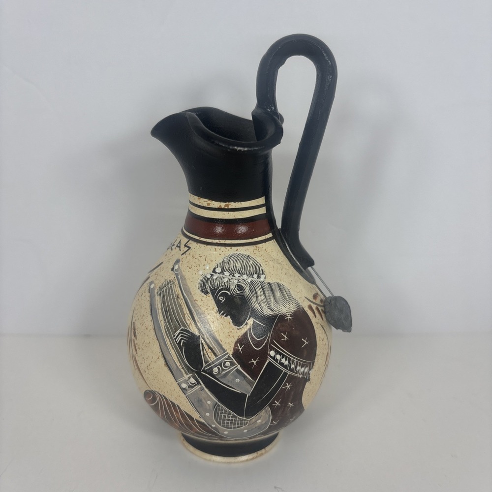 Vintage Greek Ceramic Pottery Pitcher Hand Painted Orpheus Art Decor 5in Tall